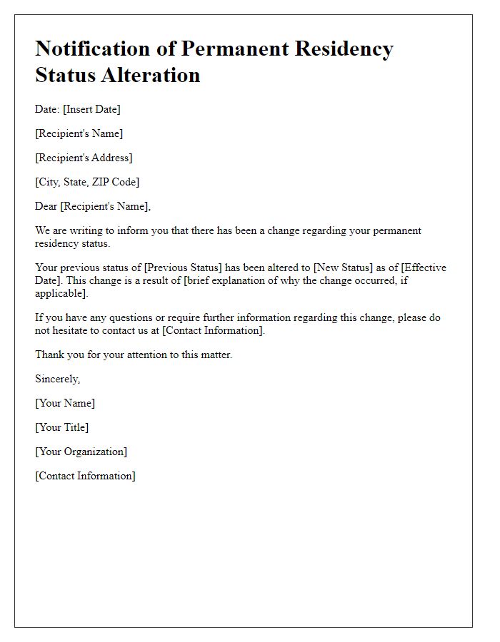 Letter template of notification for permanent residency status alteration