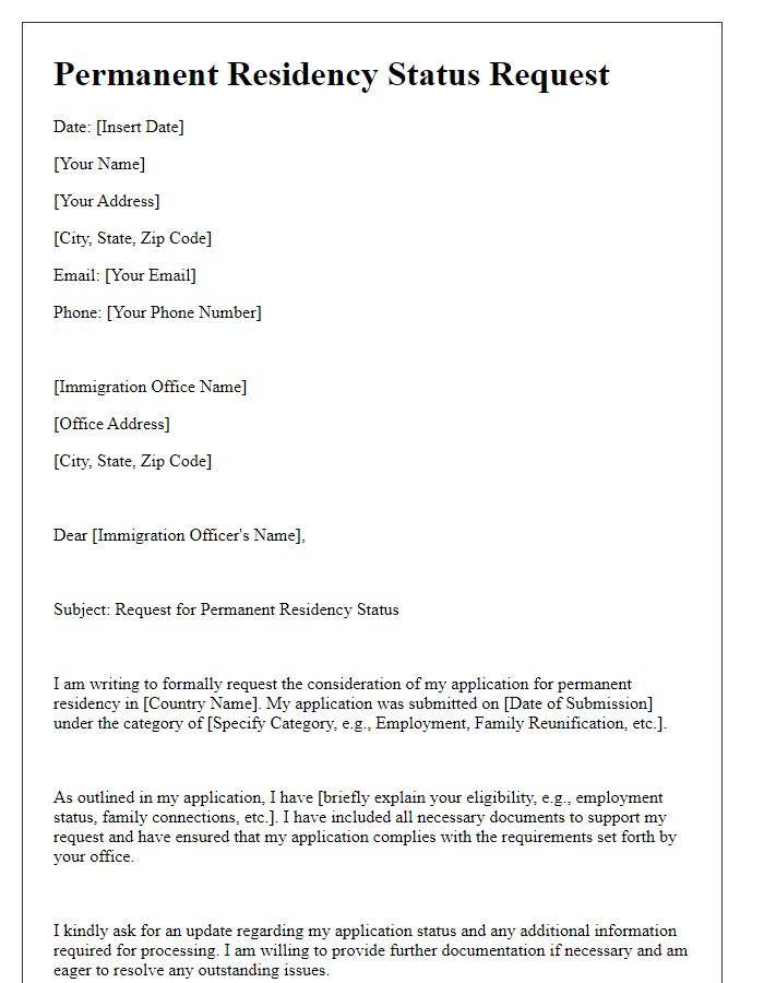 Letter template of submission for permanent residency status request