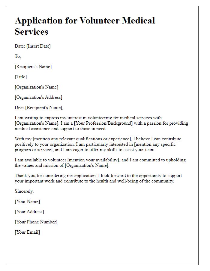 Letter template of application for volunteer medical services.