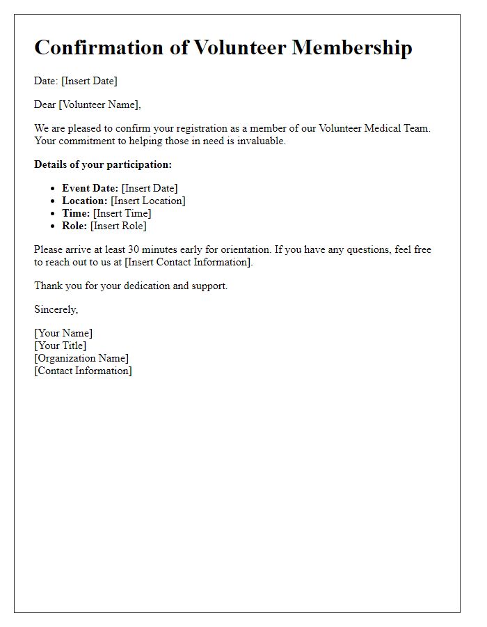 Letter template of confirmation for volunteer medical team members.