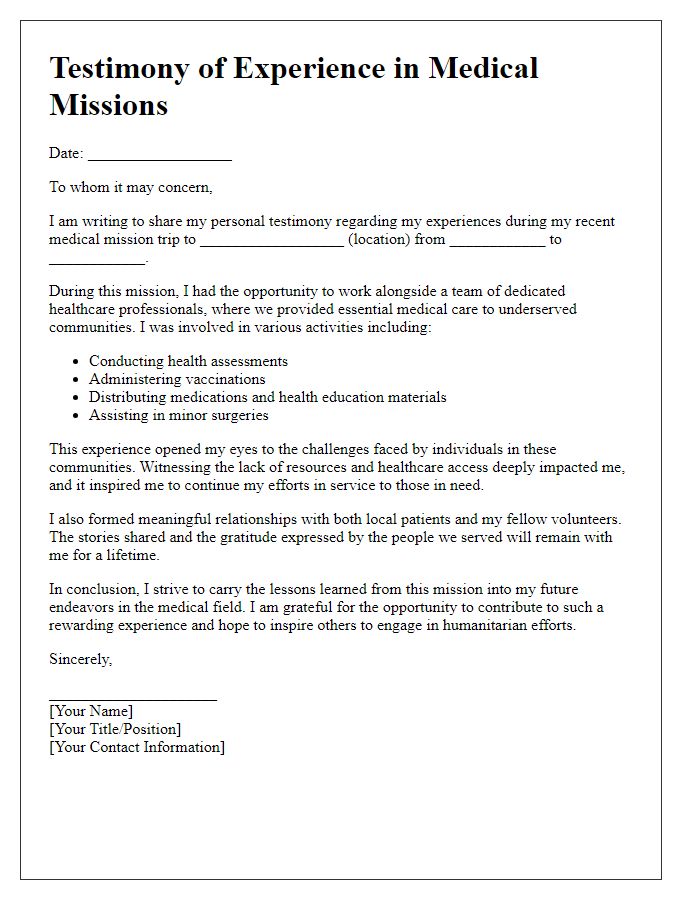 Letter template of testimony for experiences in medical missions.