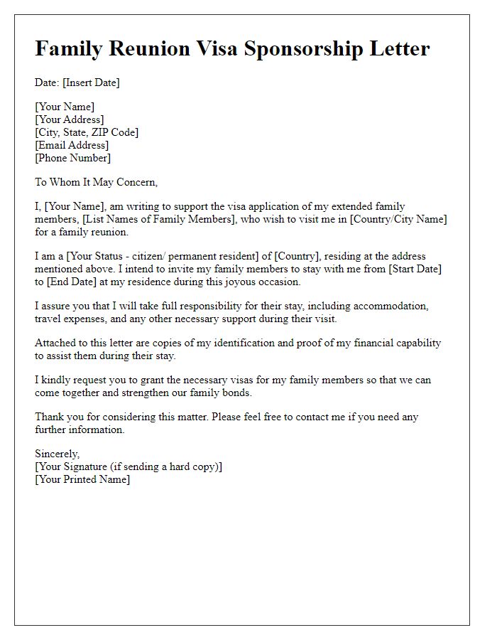 Letter template of family reunion visa sponsorship for extended family members.