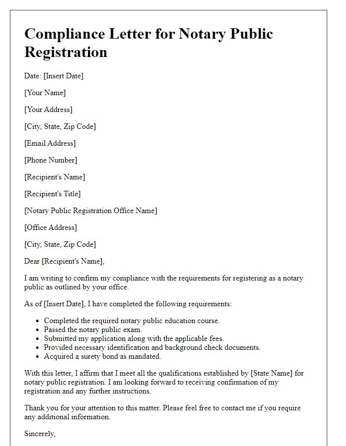 Letter template of compliance for notary public registration requirements