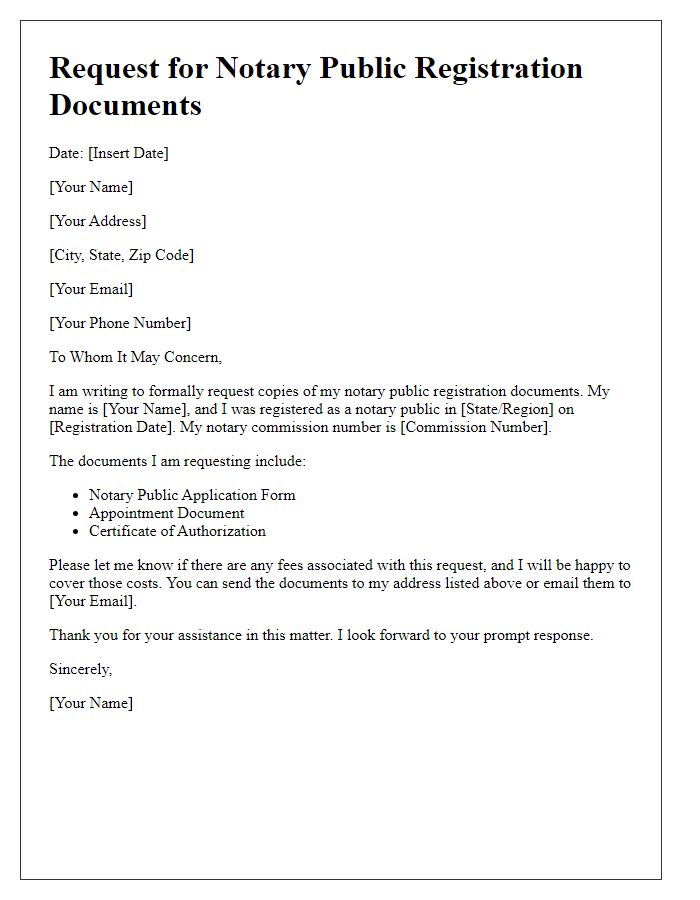 Letter template of request for notary public registration documents