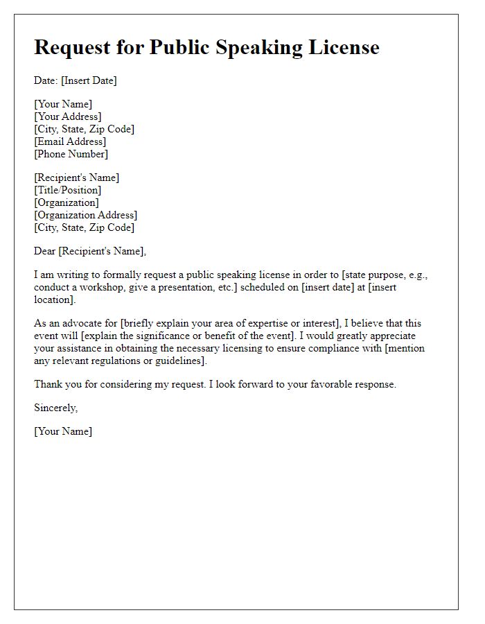 Letter template of formal request for public speaking license