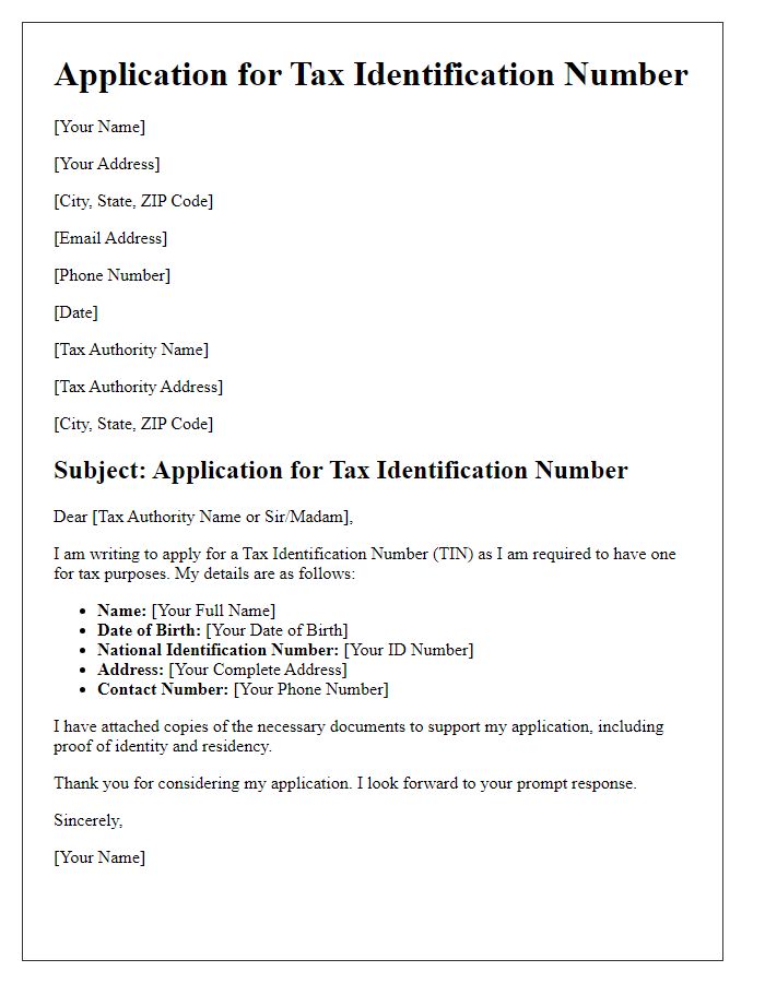 Letter template of Application for Tax Identification Number