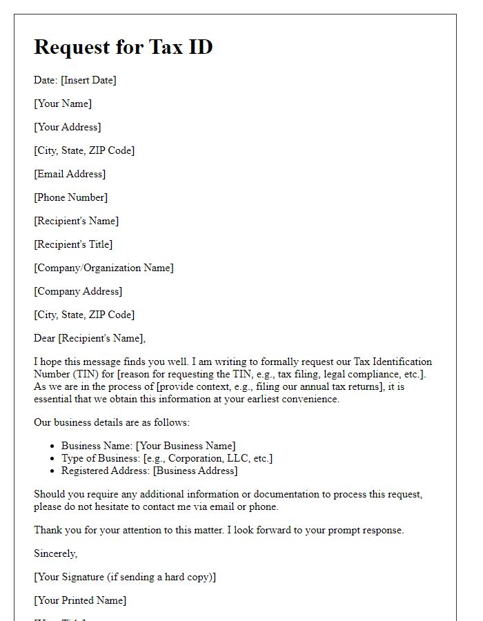 Letter template of Communication for Tax ID Request