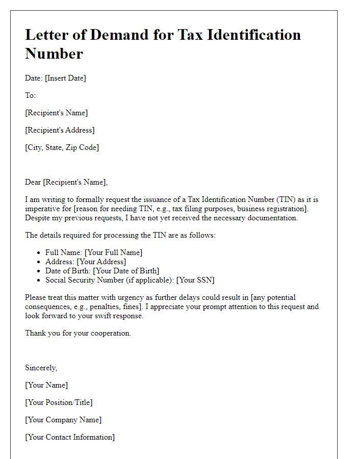 Letter template of Demand for Tax Identification Number