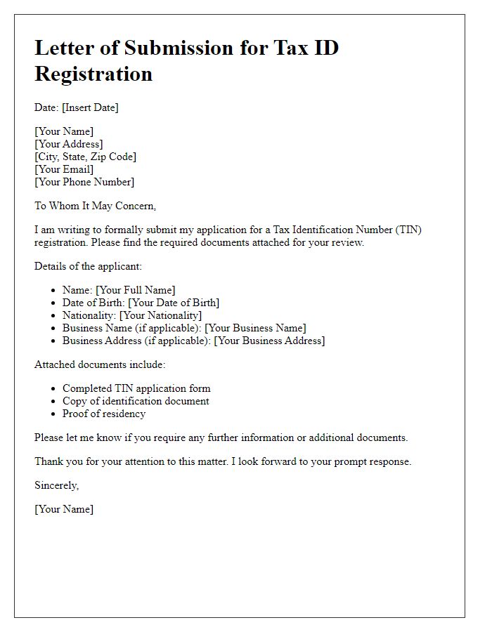 Letter template of Submission for Tax ID Registration