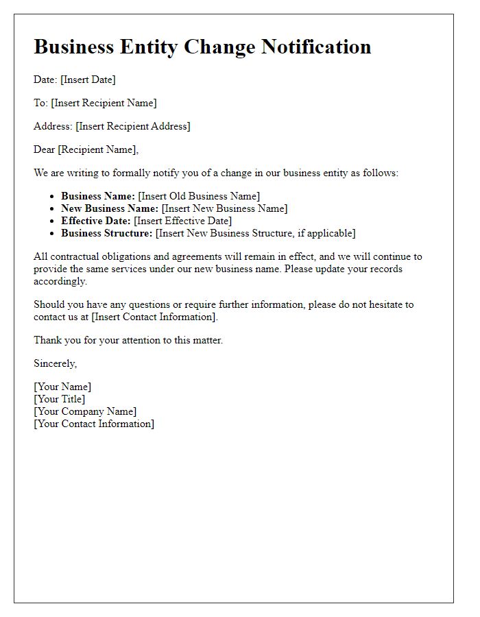 Letter template of Business Entity Change Notification