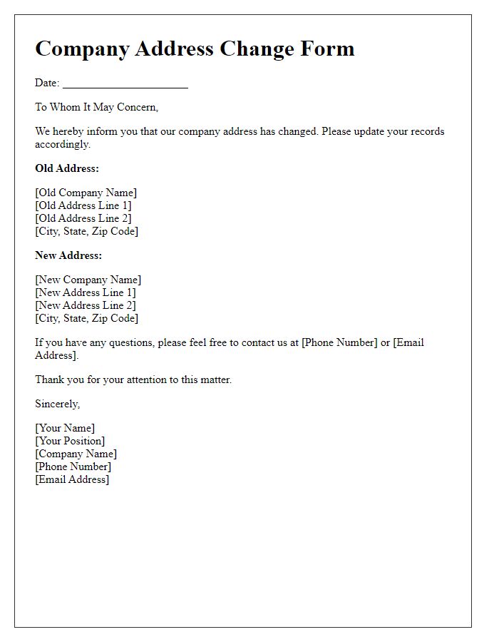 Letter template of Company Address Change Form