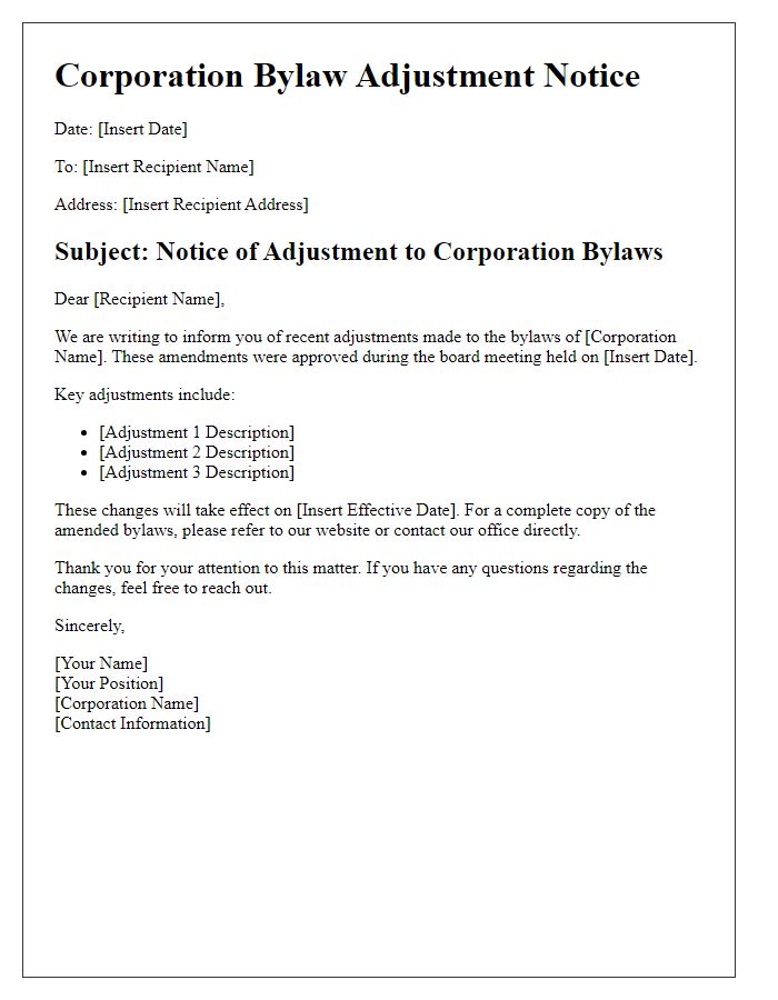 Letter template of Corporation Bylaw Adjustment