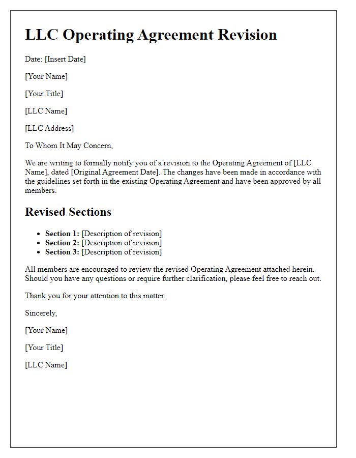 Letter template of LLC Operating Agreement Revision