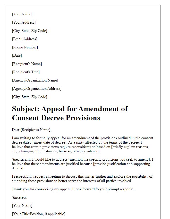 Letter template of appeal for amendment of consent decree provisions.