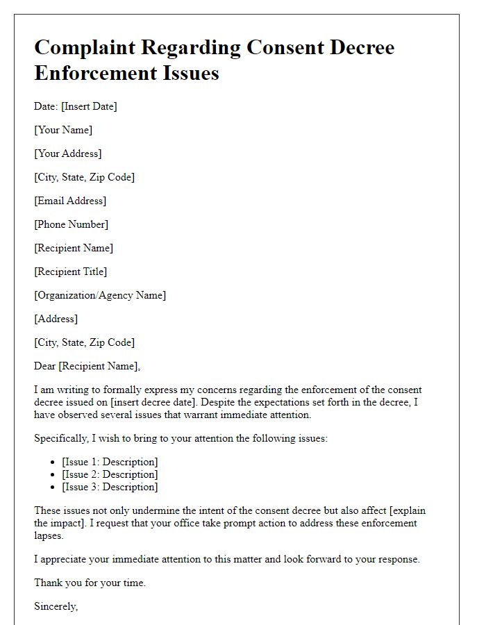 Letter template of complaint regarding consent decree enforcement issues.