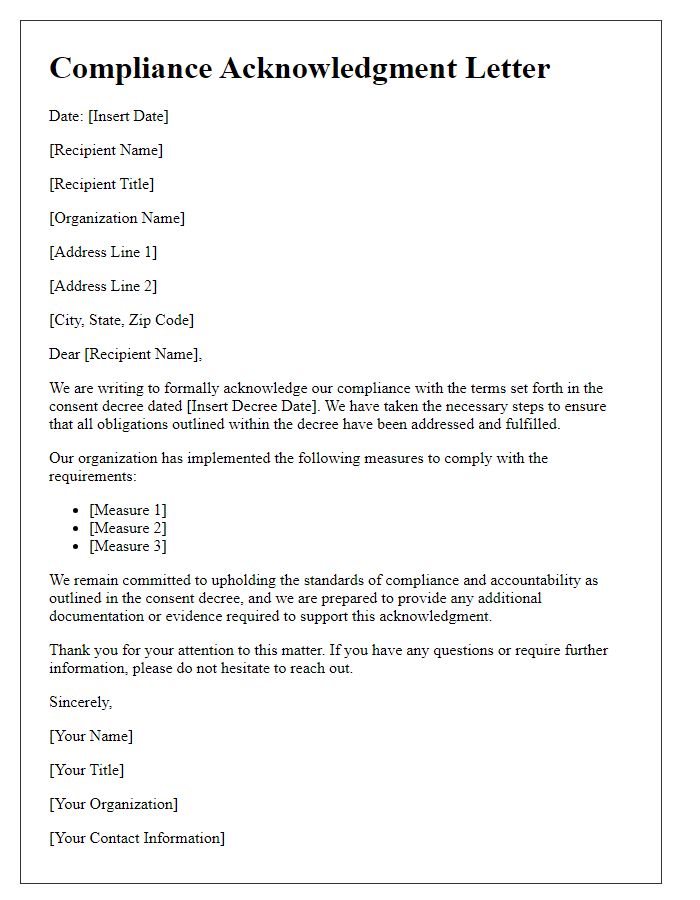 Letter template of compliance acknowledgment for consent decree.