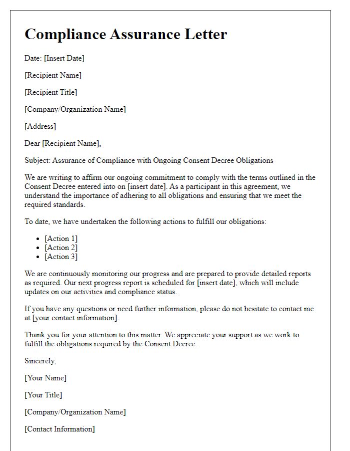 Letter template of compliance assurance for ongoing consent decree obligations.