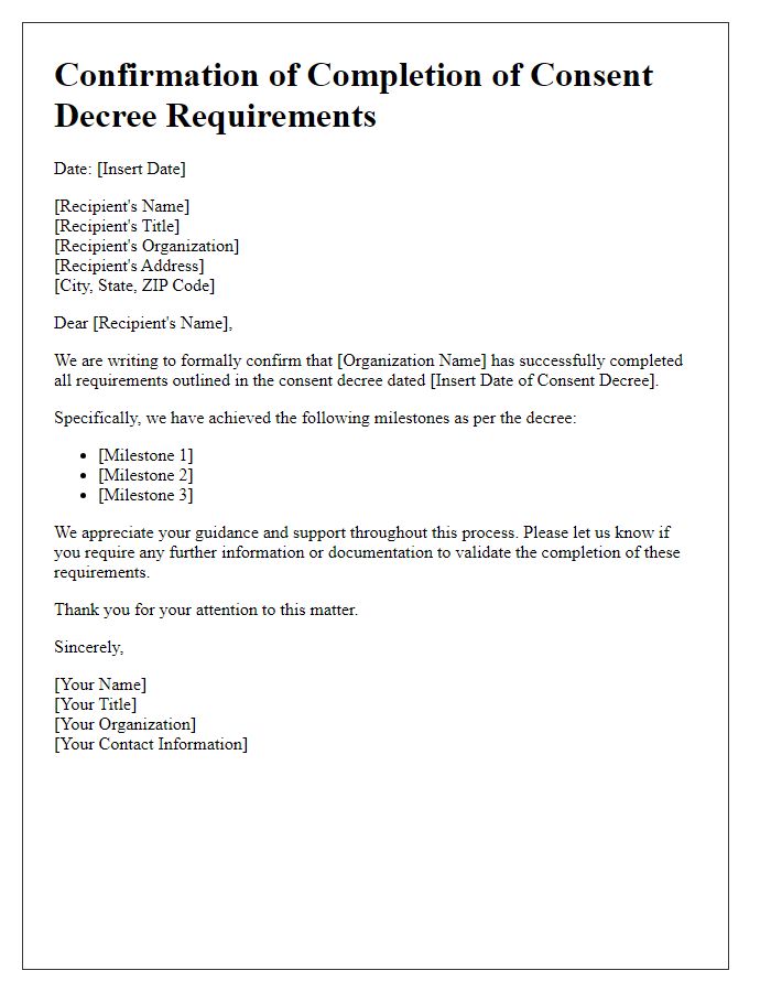 Letter template of confirmation for completion of consent decree requirements.