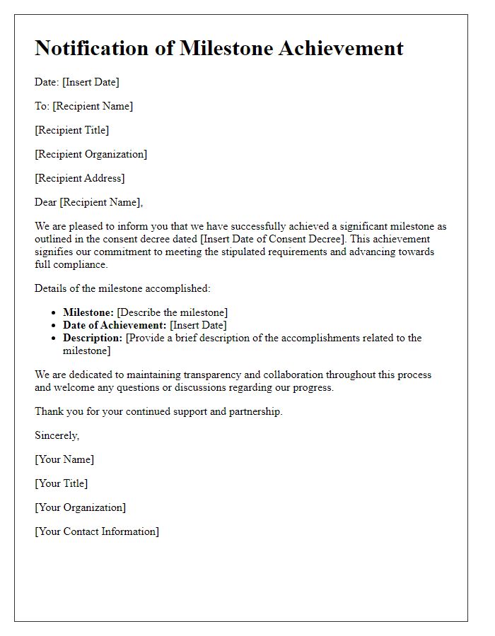 Letter template of notification for milestone achievement in consent decree.