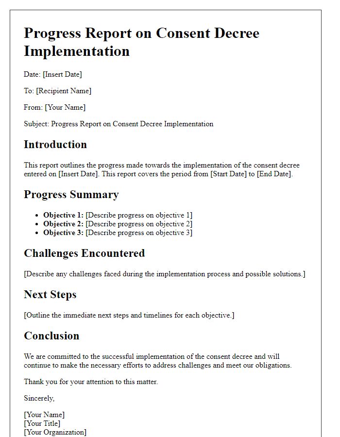 Letter template of progress report for consent decree implementation.