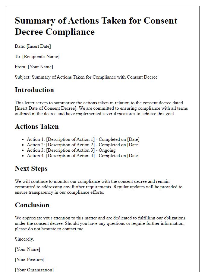 Letter template of summary of actions taken for consent decree compliance.