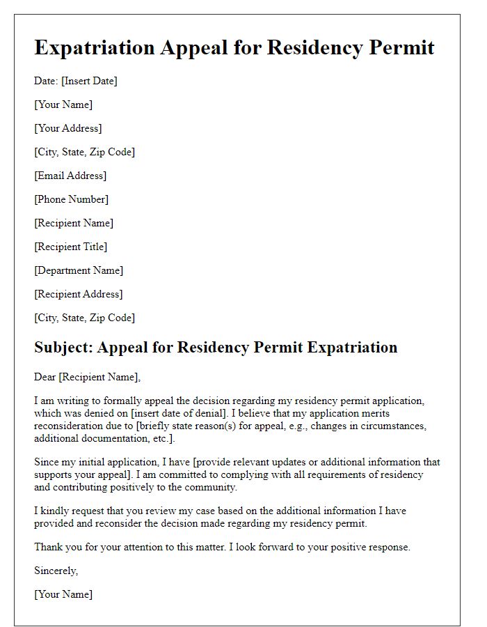 Letter template of expatriation appeal for residency permits.