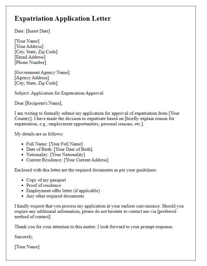 Letter template of expatriation application for governmental approval.