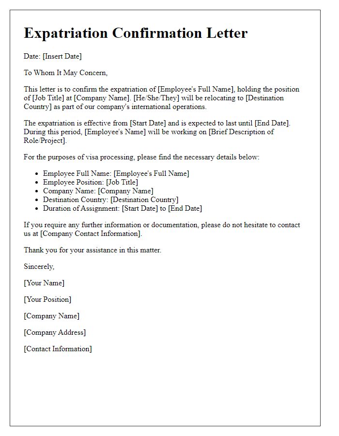 Letter template of expatriation confirmation for visa processing.