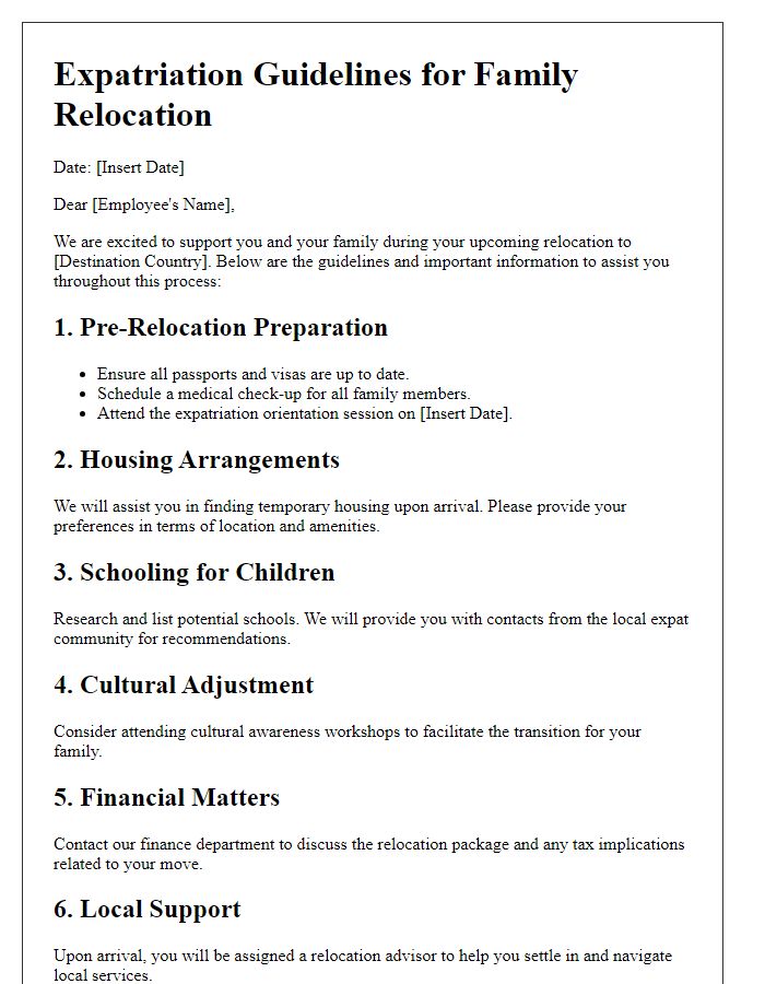 Letter template of expatriation guidelines for family relocation.