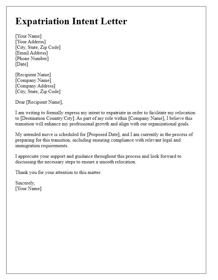 Letter template of expatriation intent for relocation planning.