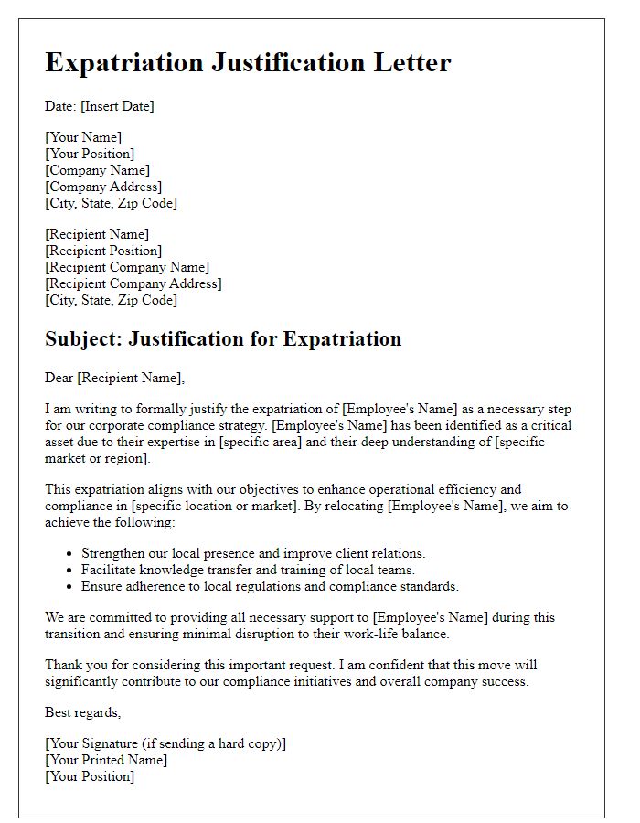 Letter template of expatriation justification for corporate compliance.