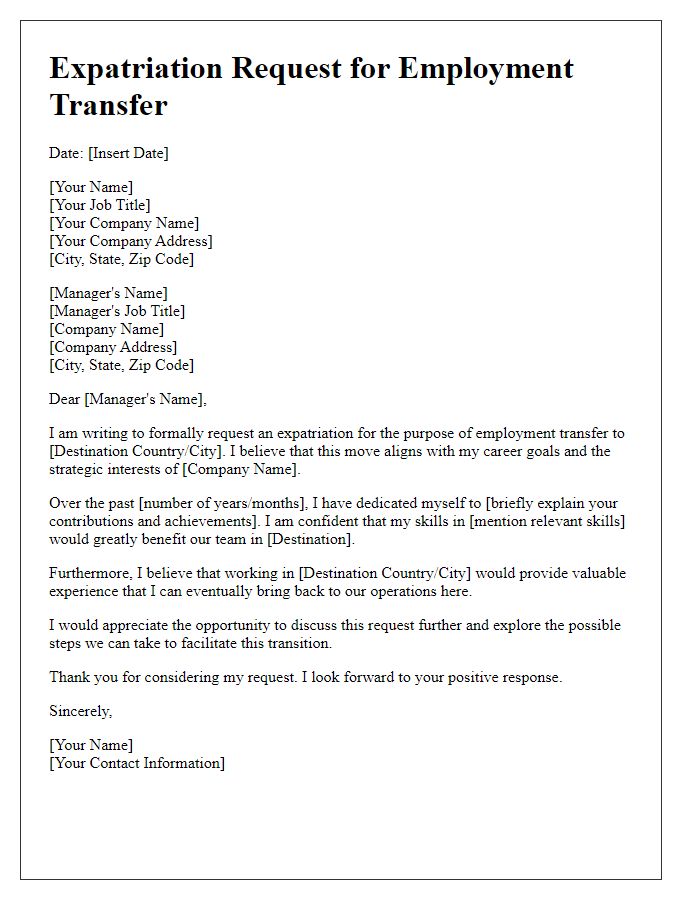 Letter template of expatriation request for employment transfer.