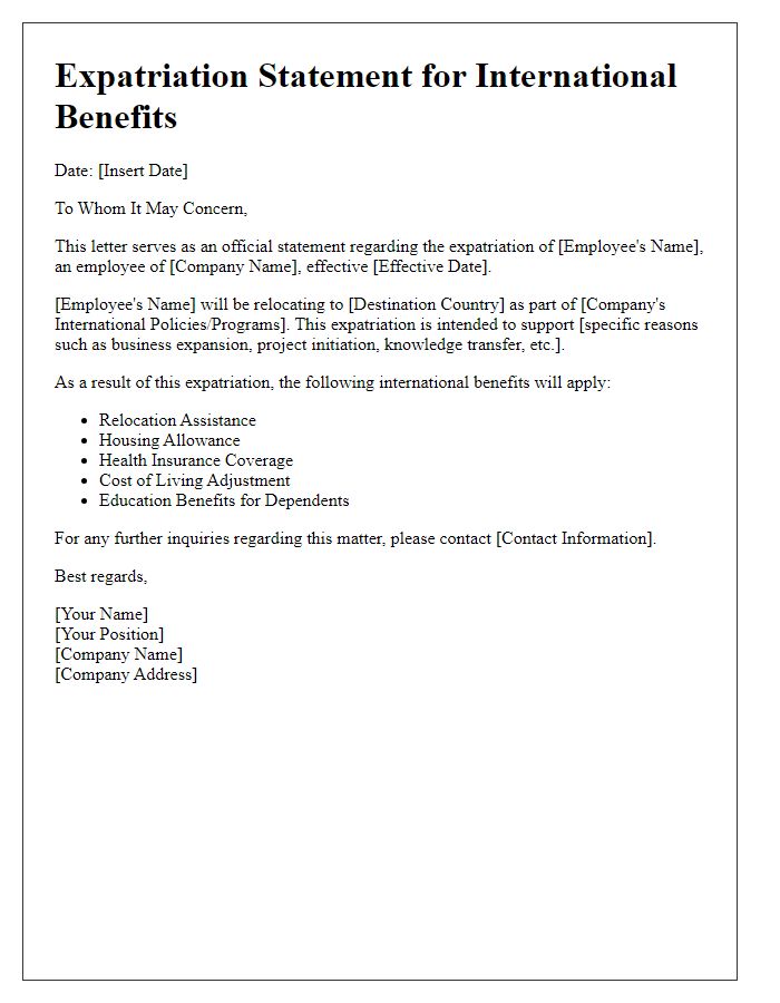 Letter template of expatriation statement for international benefits.