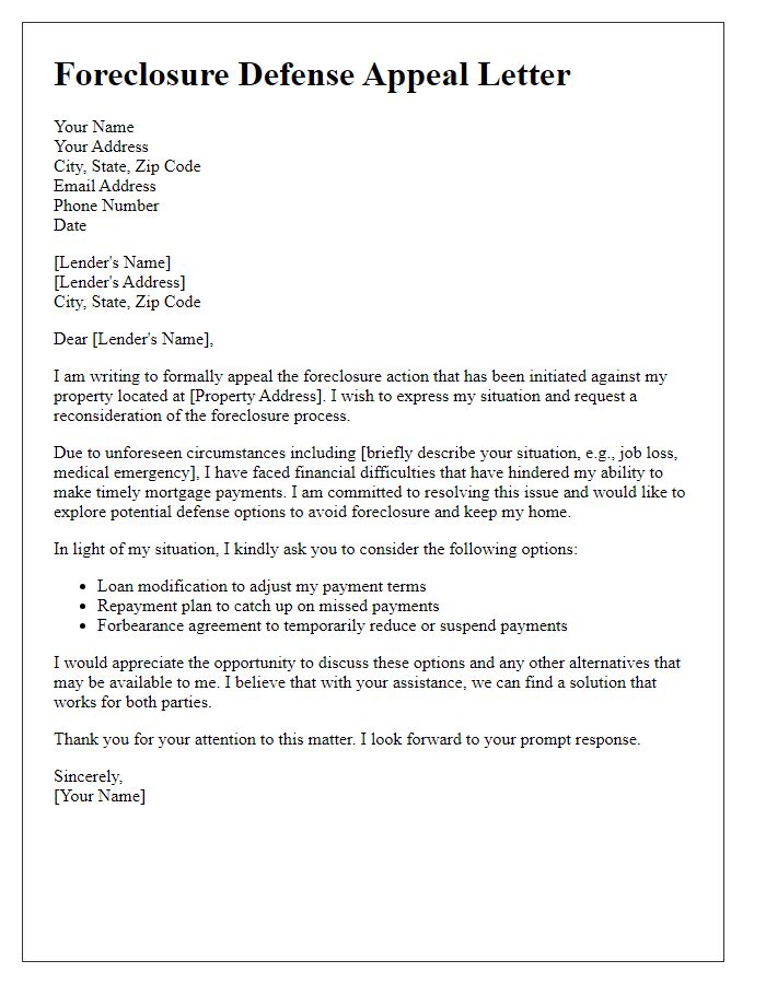 Letter template of appeal for foreclosure defense options.