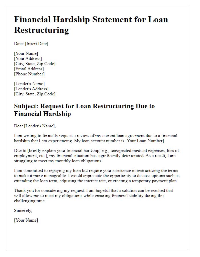 Letter template of financial hardship statement for loan restructuring.