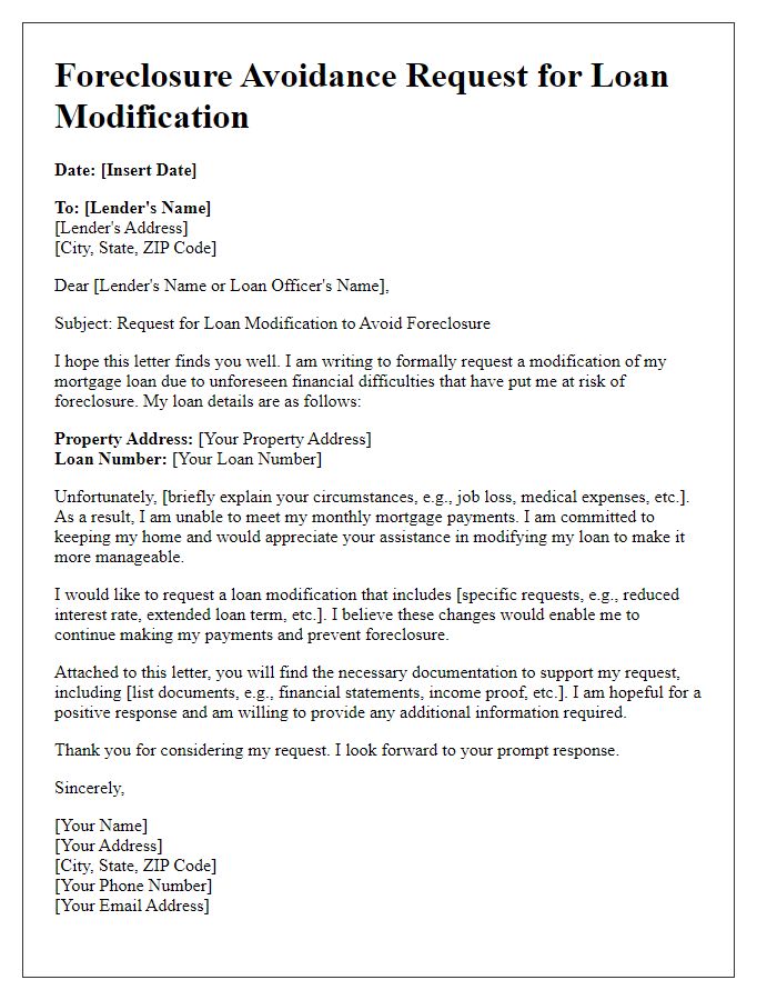 Letter template of foreclosure avoidance request for loan modifications.