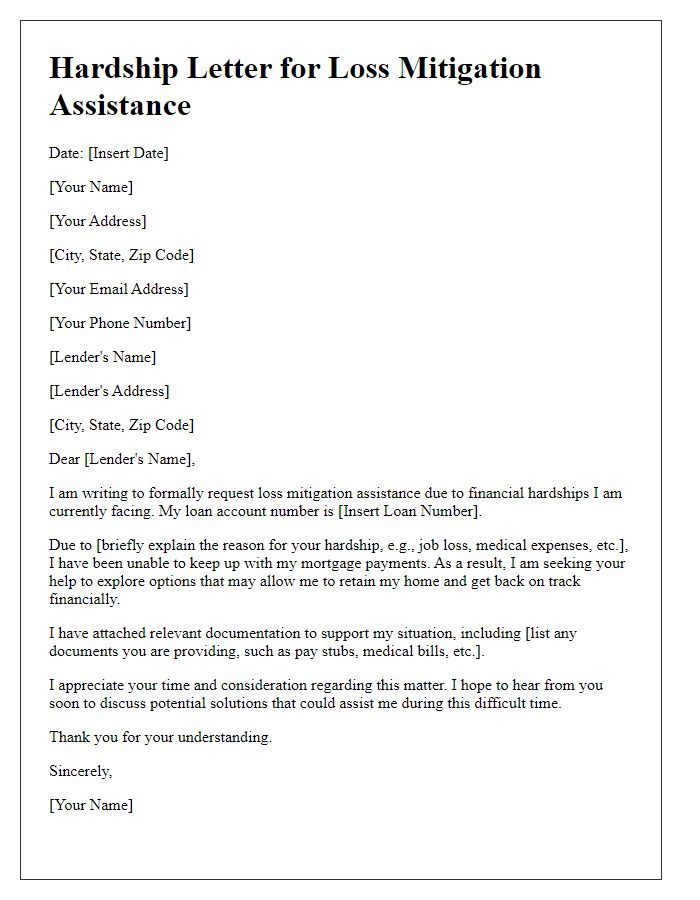 Letter template of hardship letter for loss mitigation assistance.