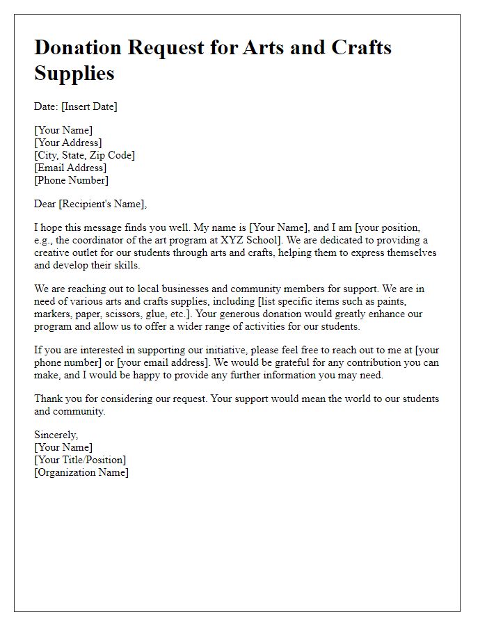 Letter template of donation request for arts and crafts supplies