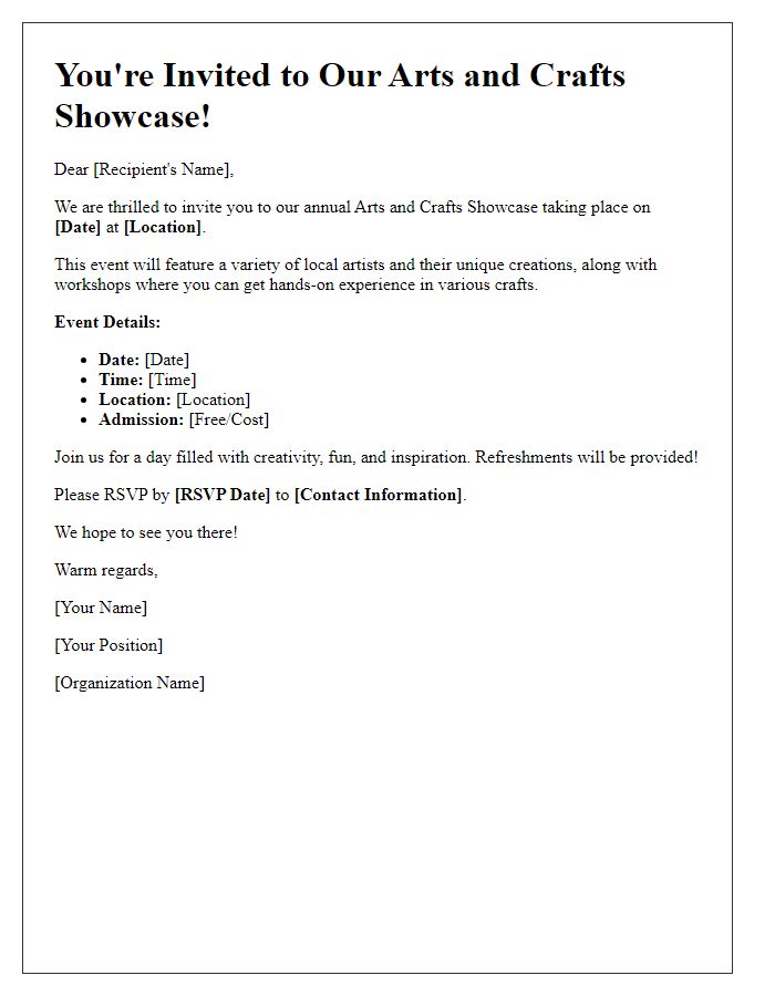 Letter template of event invitation for arts and crafts showcase