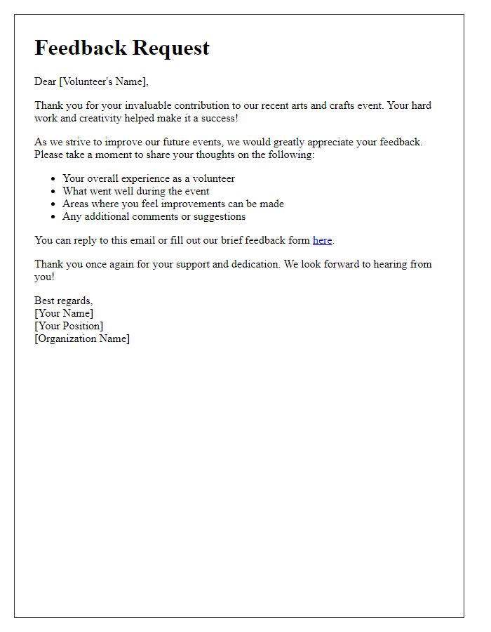 Letter template of feedback request for arts and crafts volunteers
