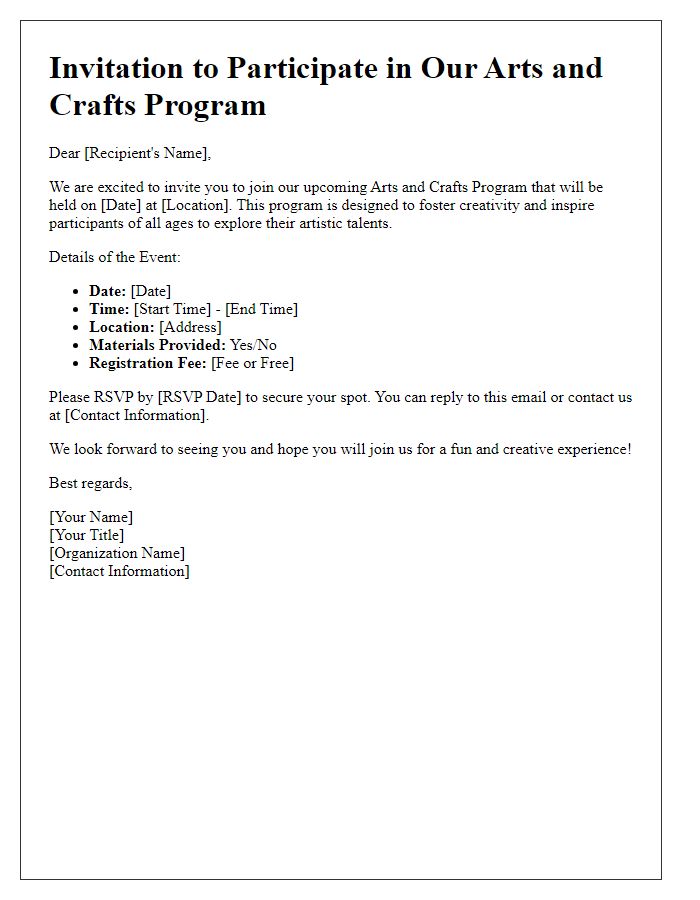 Letter template of invitation to participate in arts and crafts programs