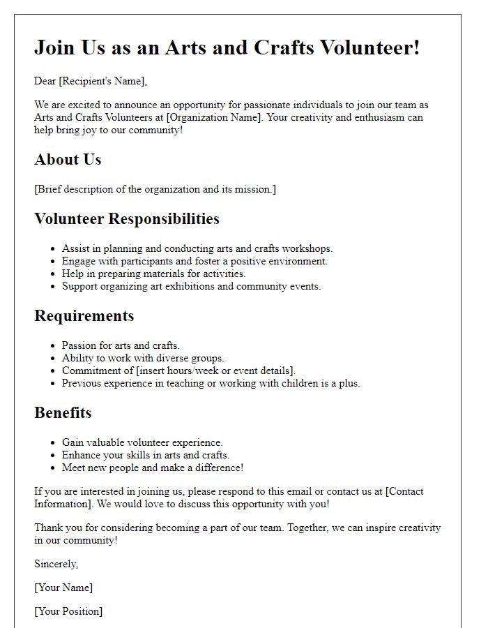 Letter template of recruitment for arts and crafts volunteers