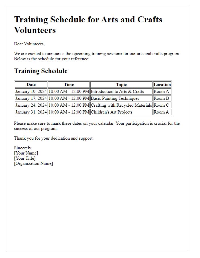 Letter template of training schedule for arts and crafts volunteers