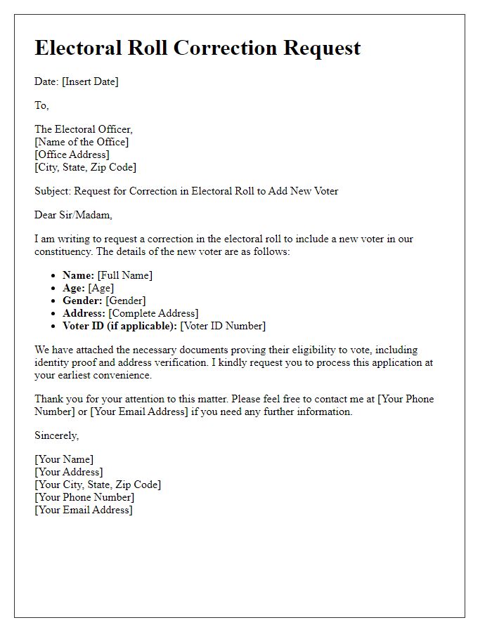 Letter template of electoral roll correction for adding a new voter.