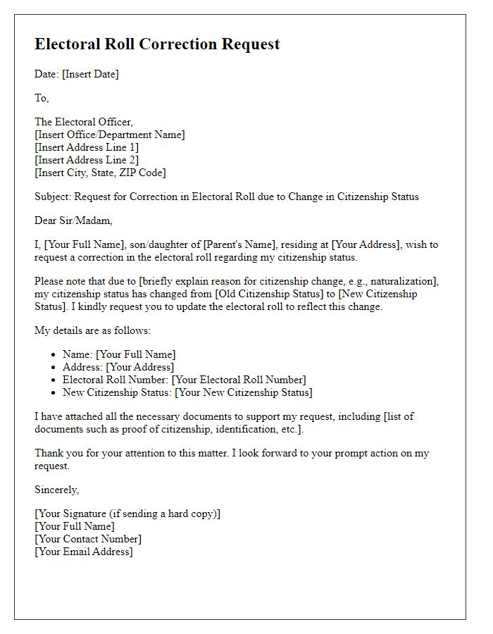 Letter template of electoral roll correction for change in citizenship status.