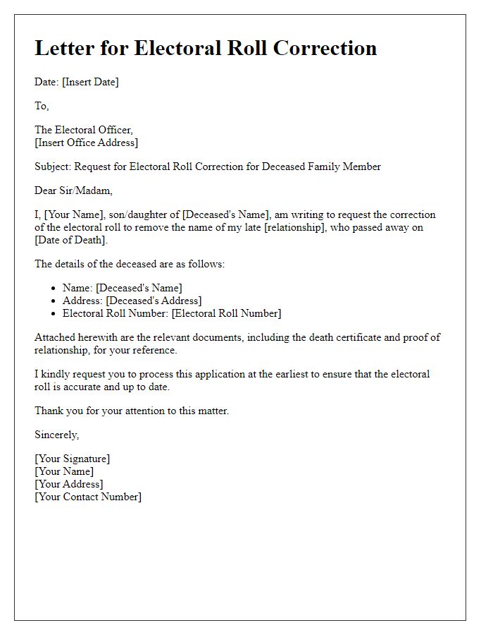 Letter template of electoral roll correction for deceased family member.