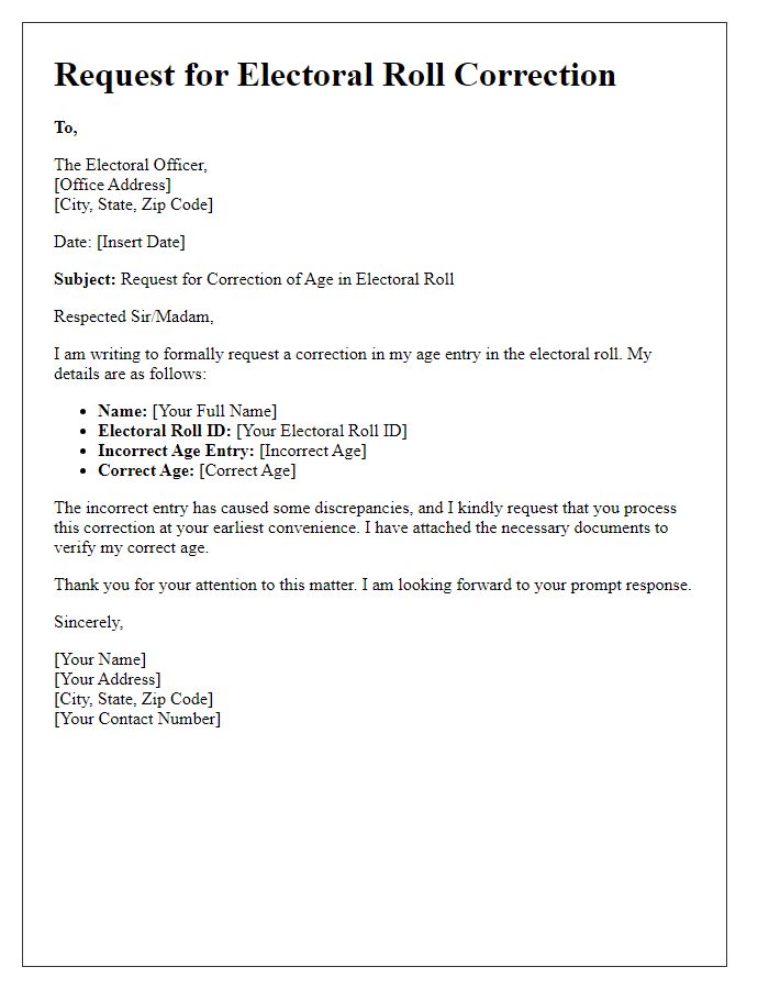 Letter template of electoral roll correction for incorrect age entry.