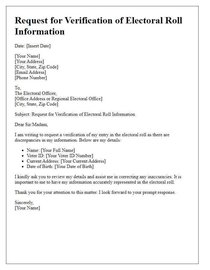 Letter template of electoral roll correction for information verification request.