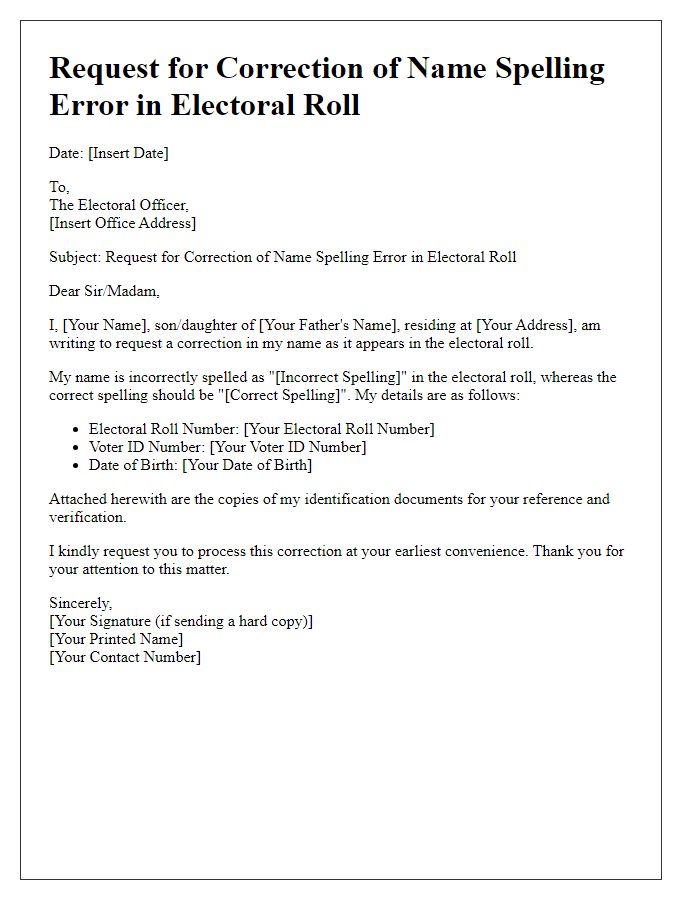 Letter template of electoral roll correction for name spelling error.