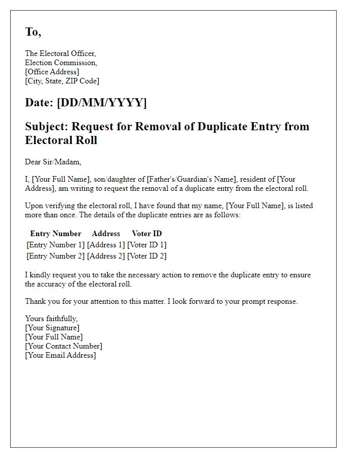 Letter template of electoral roll correction for removal of duplicate entry.